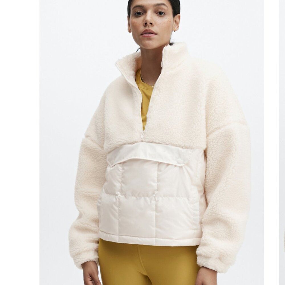 NWOT Fabletics Nelly Mixed Media Half Zip Size Large White Fleece Sherpa Puffer